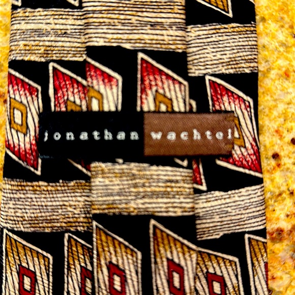 JONATHAN WACHTEL HANDSEWN SILK NECKTIE WITH BLACK, TAN AND BURGUNDY PATTERN - Picture 3 of 6